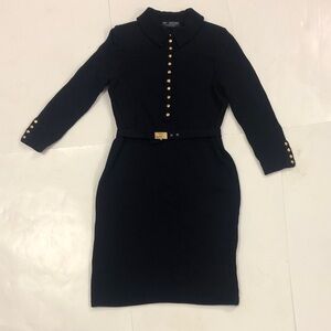 St. John Collection by Marie Gray M/L Dress Dark Blue Gold Button Removable belt